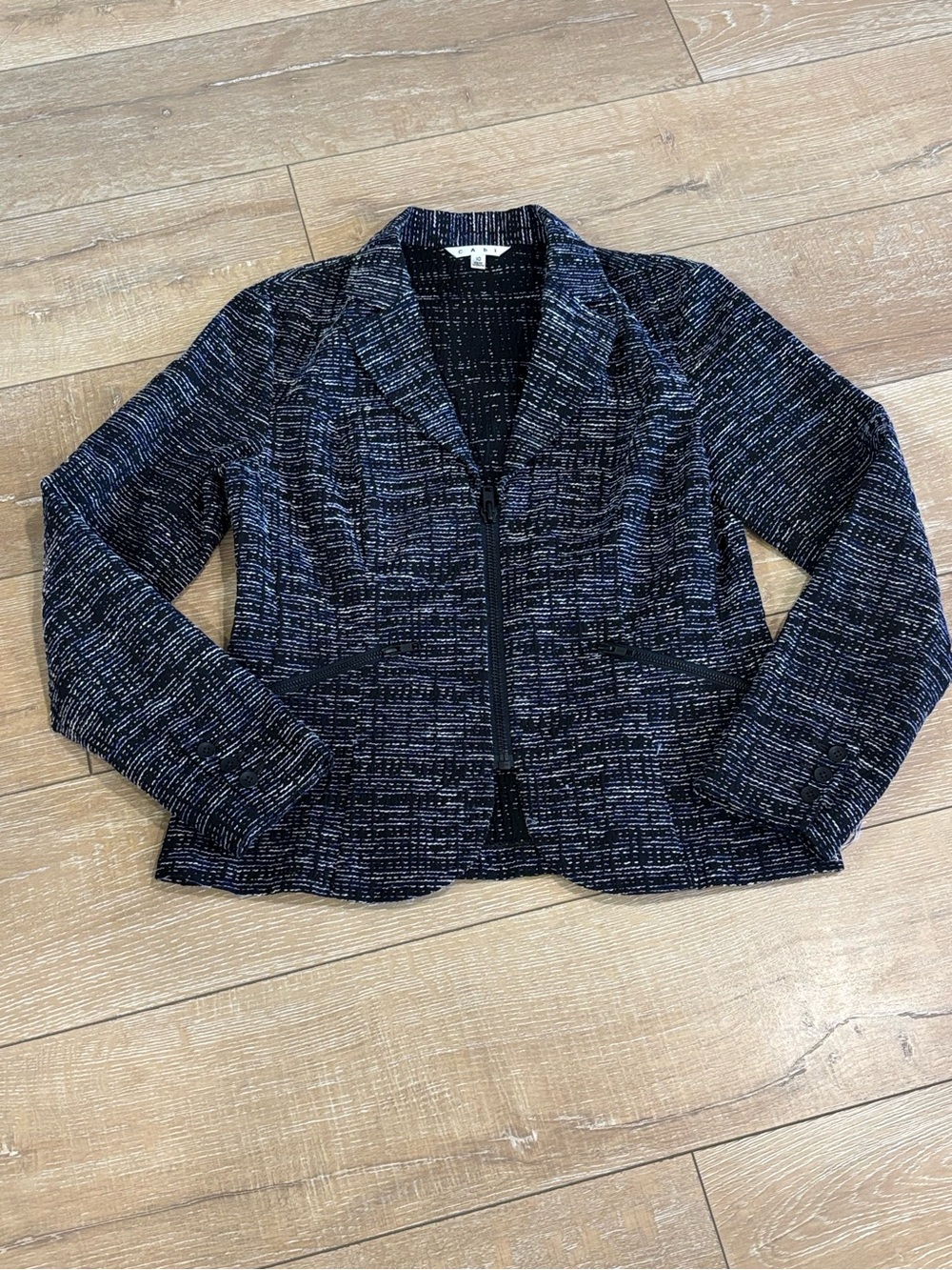 Cabi Zip Front Knit Blazer Jacket Women’s Size 10 Black Blue Textured Career